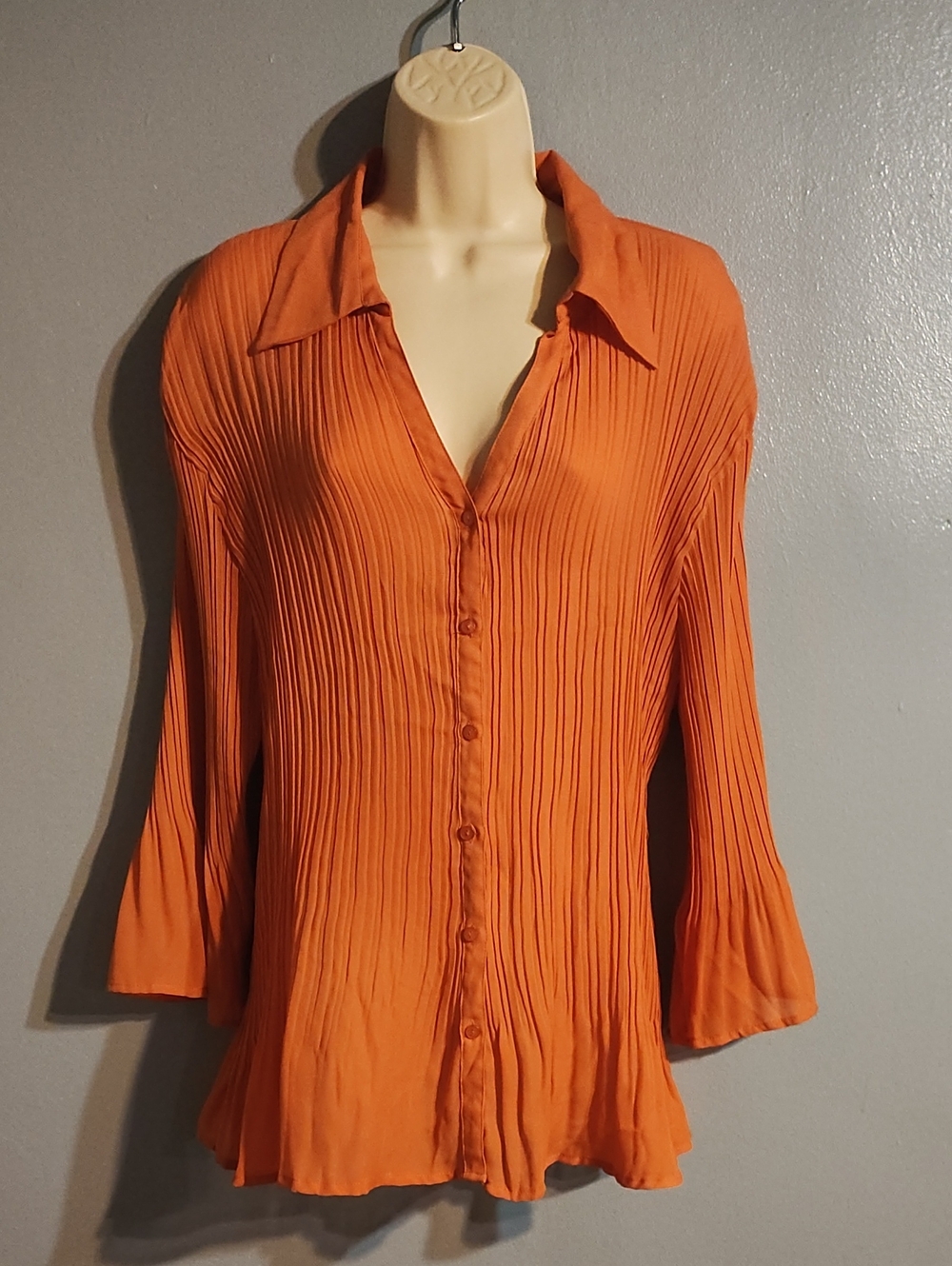 S.L.B Women's Orange Pleated Button-Front Blouse
